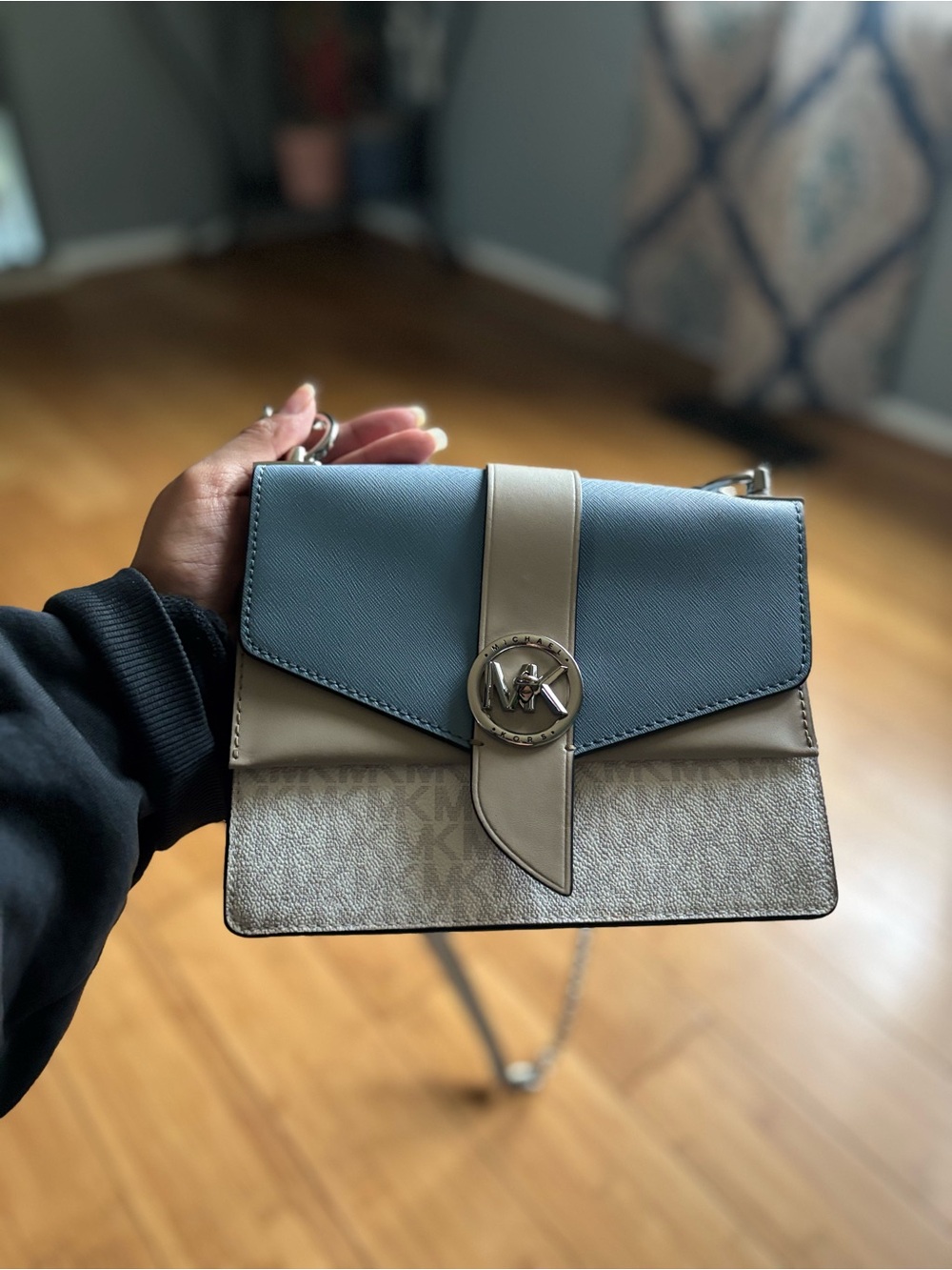 Michael Kors Blue and Cream Logo-Accent Crossbody Bag